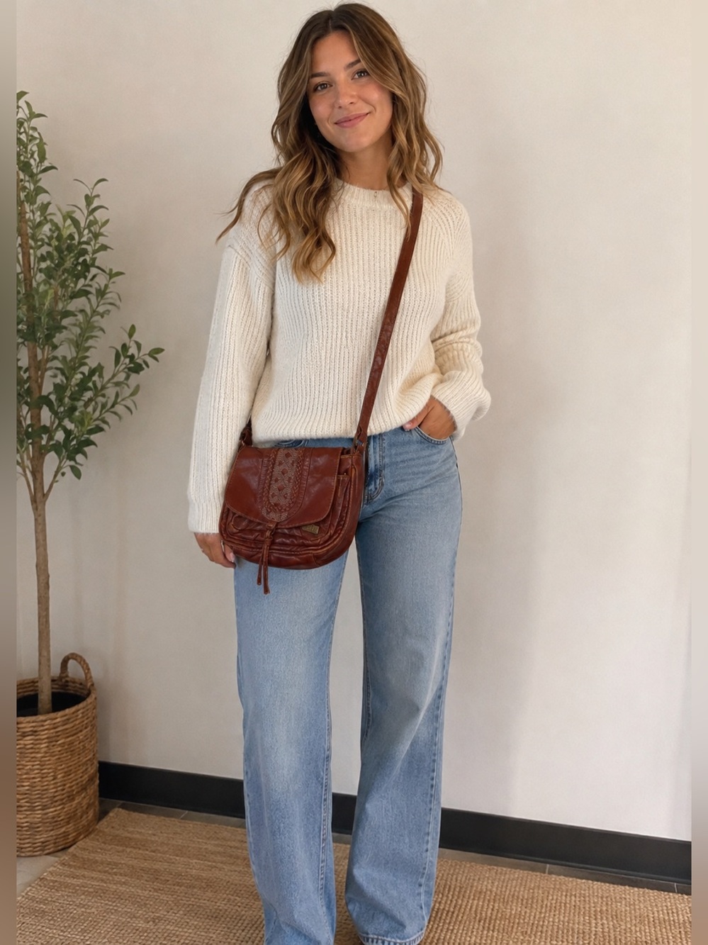 Rip Curl Brown Leather Braided Flap Crossbody Bag